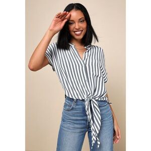 Lulus Newport Beach Grey And White Striped Top - Size S